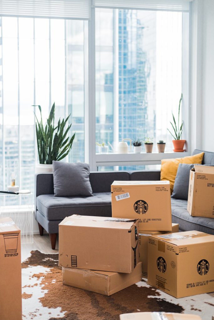 Cardboard boxes on living room